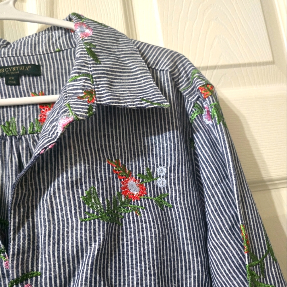 For Cynthia Linen & Cotton Striped Floral Embroidered Popover Tunic, Sz 2X, EUC! - Picture 5 of 14